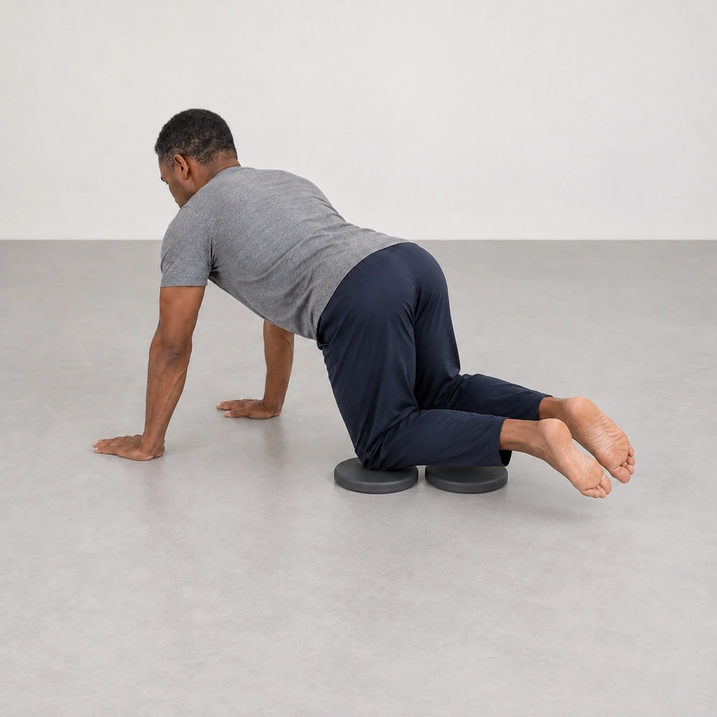 The man on all fours with both lower legs swung together to his right and his waist side-bent slightly, knees still on the discs.