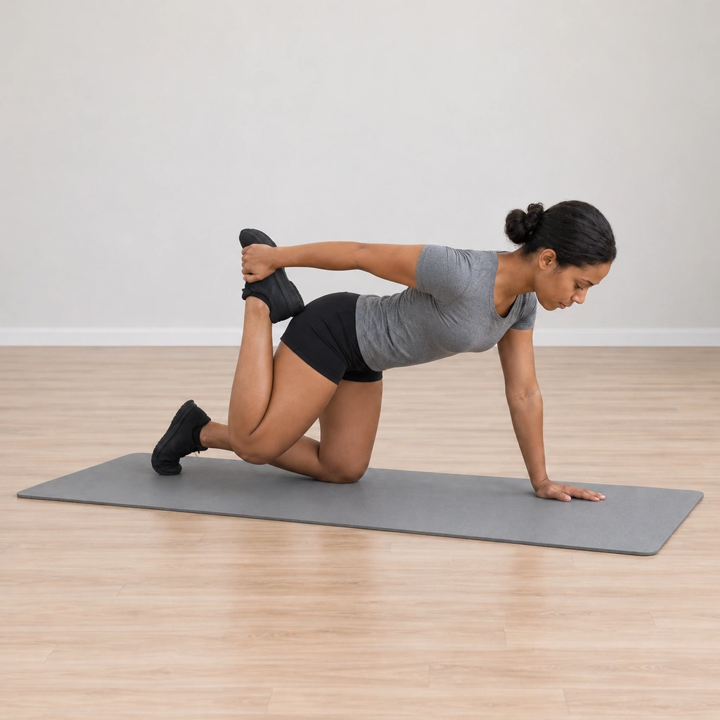 She has lifted her right leg and reached her right hand back to hold its foot, that knee fully flexed, balancing on her left hand and left knee.