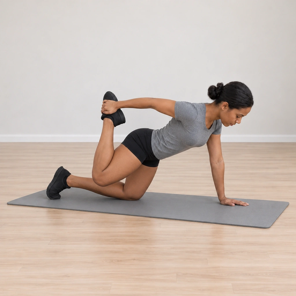 She is pressing her right hip down toward the floor, the right foot still held by the right hand and the knee fully flexed, the stretch felt along the front of the lifted thigh.