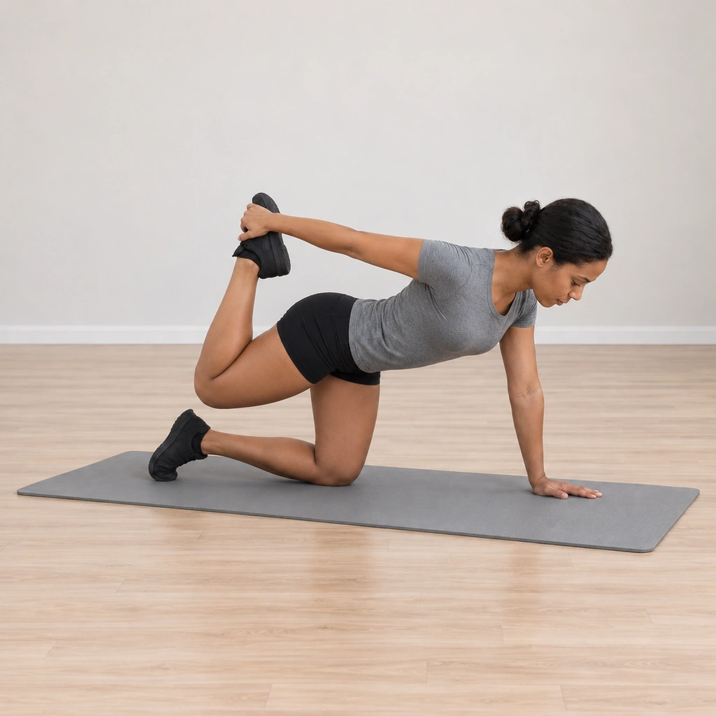 She holds the pressed position steadily, right hand on right foot, hip low, breathing evenly through the sustained stretch.