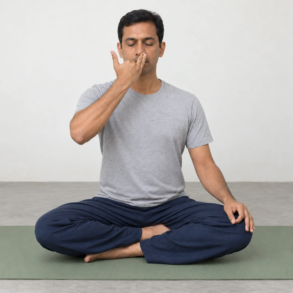 The same man with his right ring and small fingers touching his left nostril and his right thumb held clear of his right nostril.