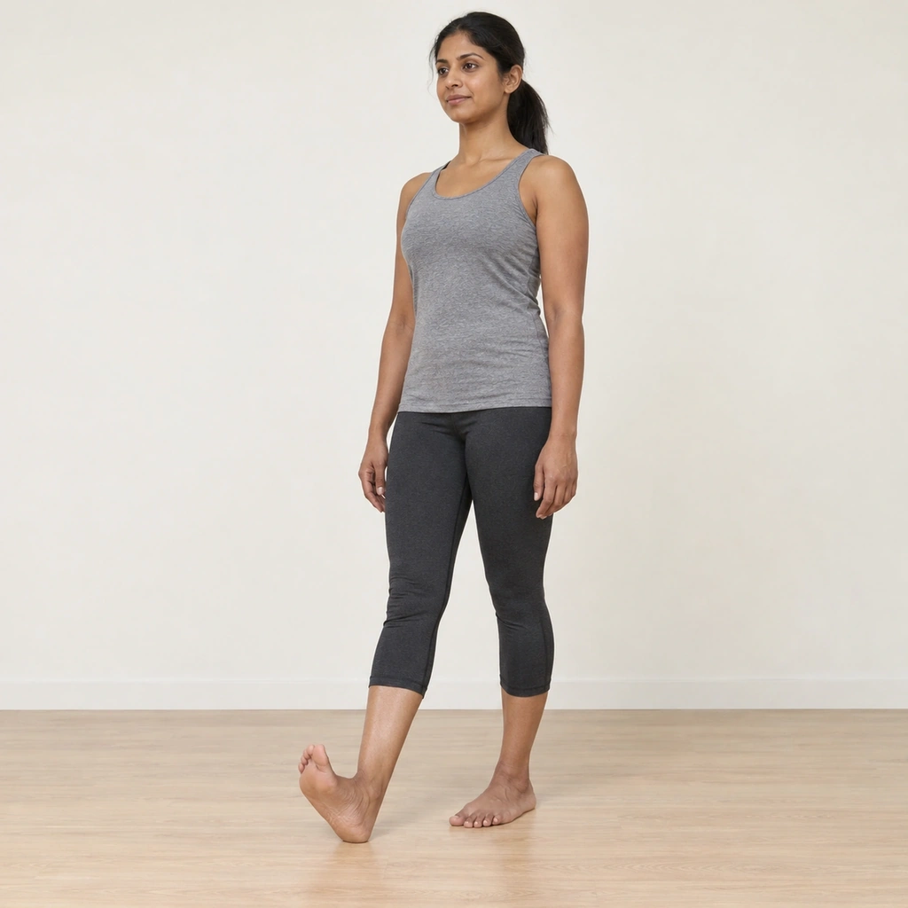 A woman standing with her right heel on the floor and her right toes pointing straight up, her left foot planted flat on the ground beside it.