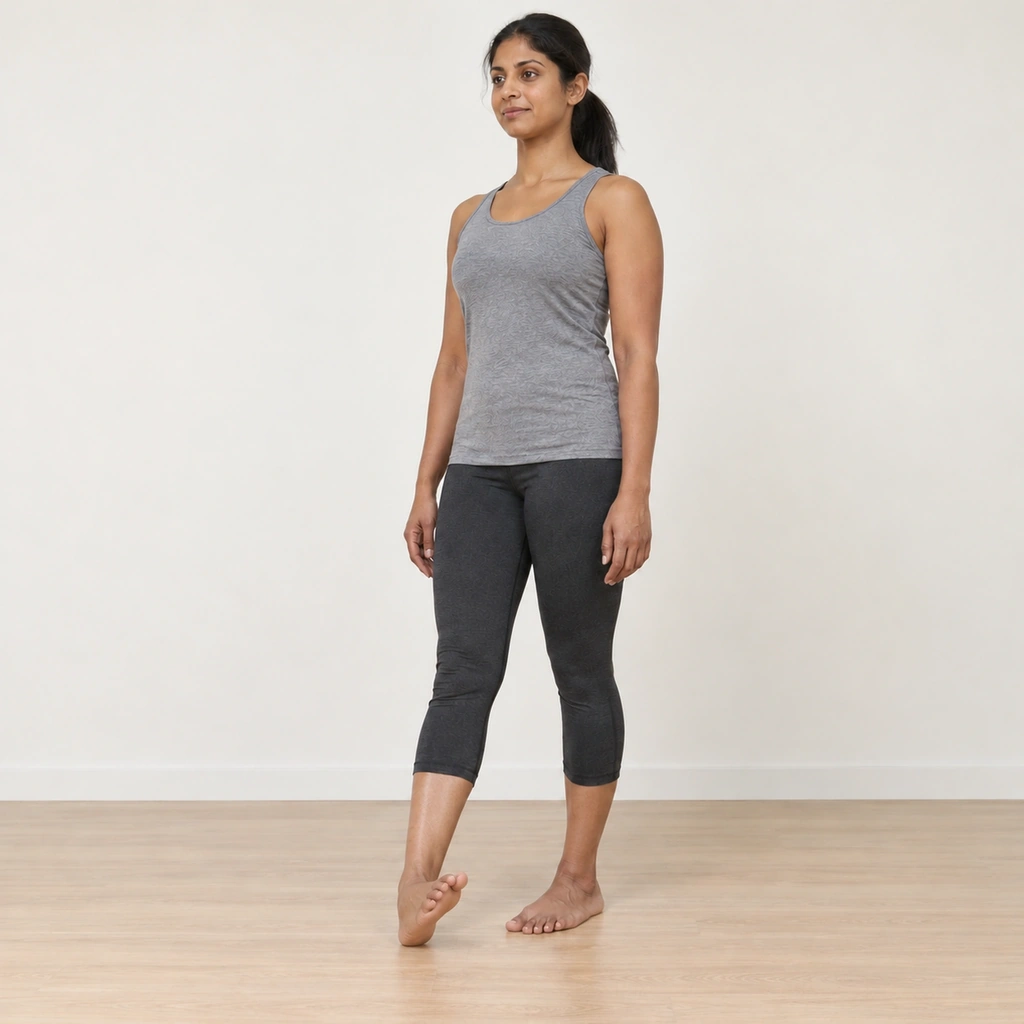 The same woman with her right heel still on the floor, her right ankle now tilted so her toes point out to the left.