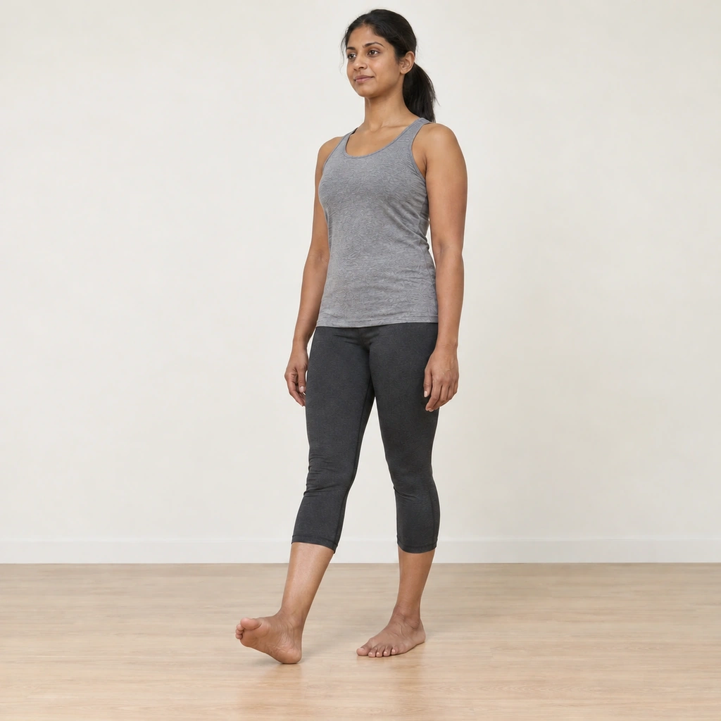 The same woman with her right heel still on the floor, her right ankle now tilted the other way so her toes point out to the right.