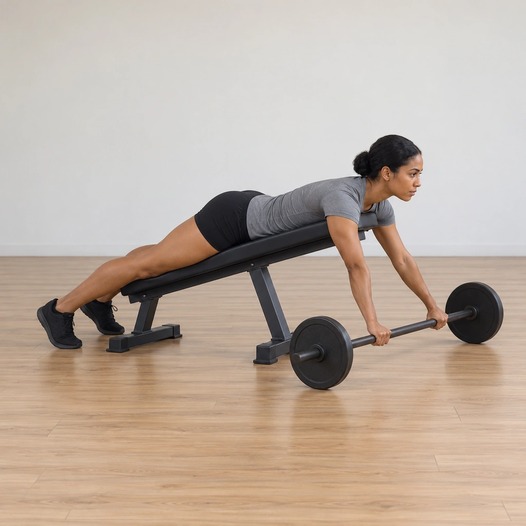 She lies face down on the incline bench, arms hanging to grip the barbell on the floor behind her head with a pronated grip.