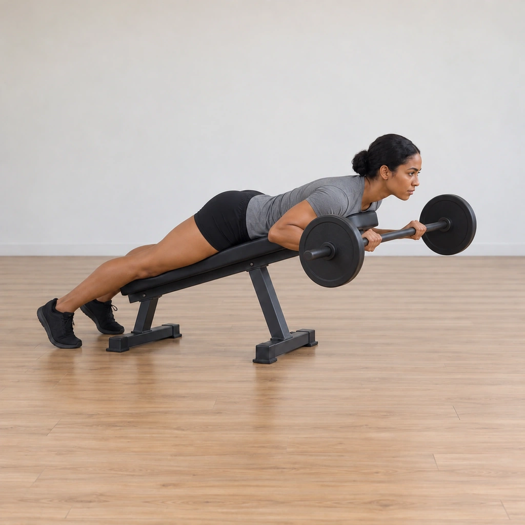 She reverse-curls the barbell up near her chest on bent elbows, still face down on the incline bench, elbows flexed under the bar.