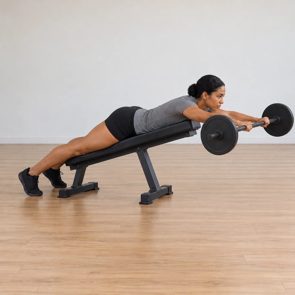 She presses the barbell forward out in front of her head, elbows extending until her arms are parallel to the ground, still lying face down on the bench.