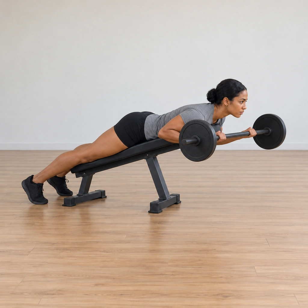 She flexes her elbows to bring the barbell back near her chest under control, still face down on the incline bench.