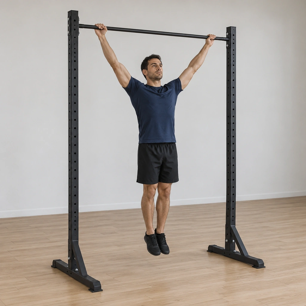 He hangs from the bar on a very wide overhand grip, arms fully extended, body still below the bar, legs together.