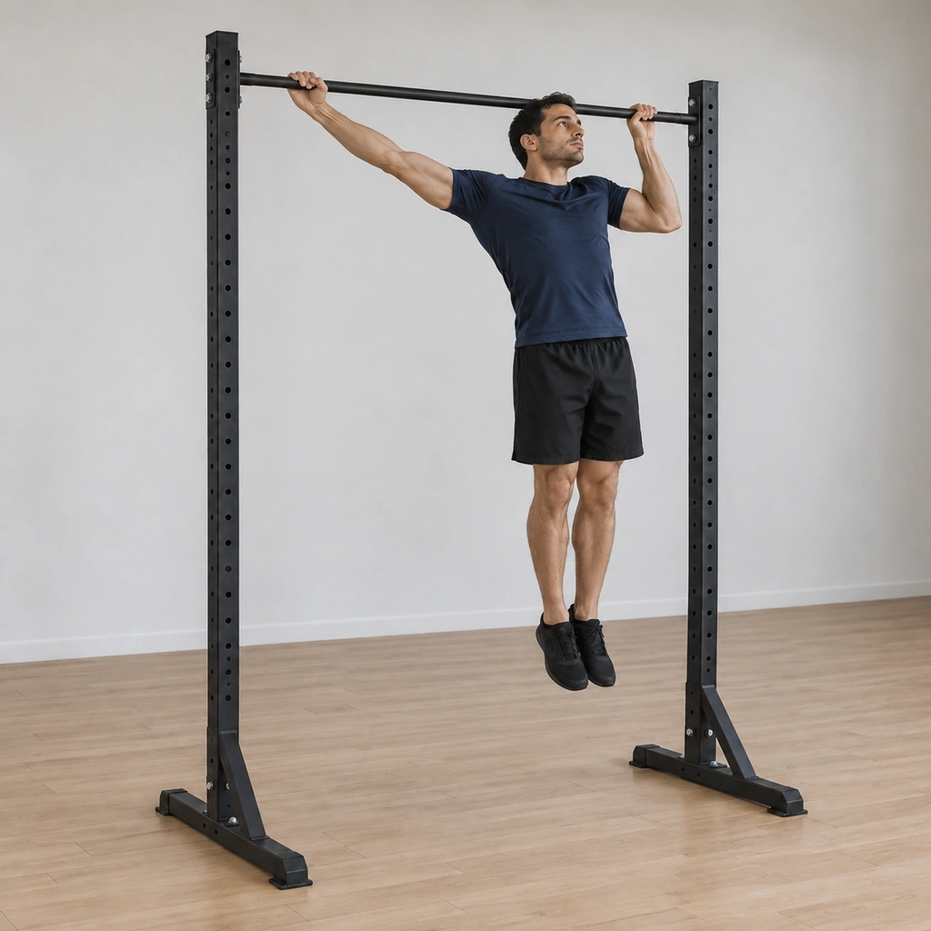 He has pulled up toward his left hand, chin rising past bar level on the left side, right arm extended straight along the bar, head beside his left hand.