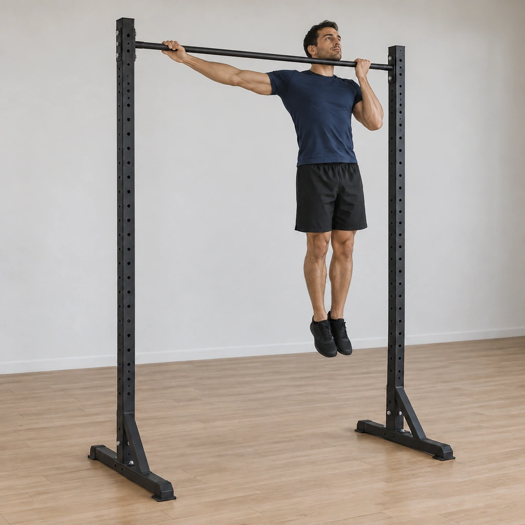 He holds the top with his chin above the bar beside his left hand, right arm fully extended straight along the bar to his right hand, shoulders level.