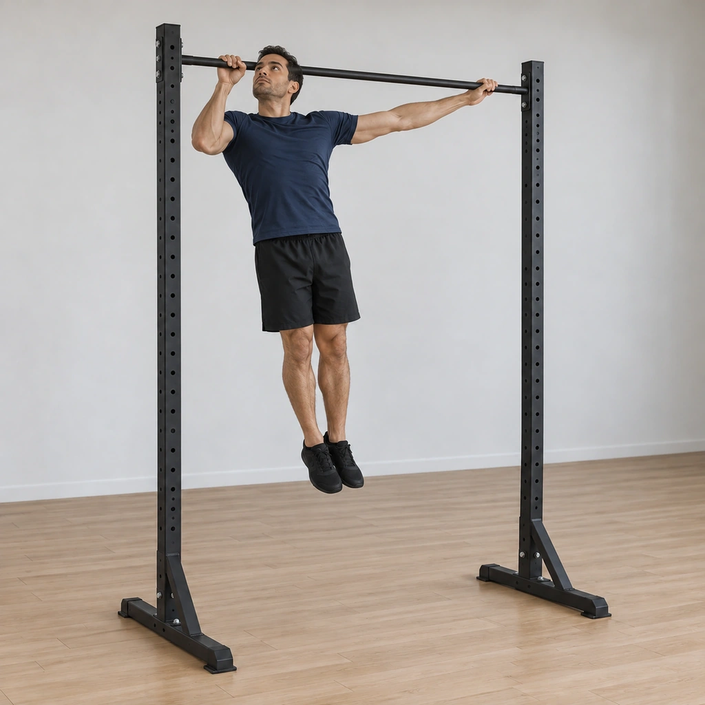 He has lowered slightly and is pulling toward his right hand, left arm extending along the bar, chin travelling right past the bar's centre.