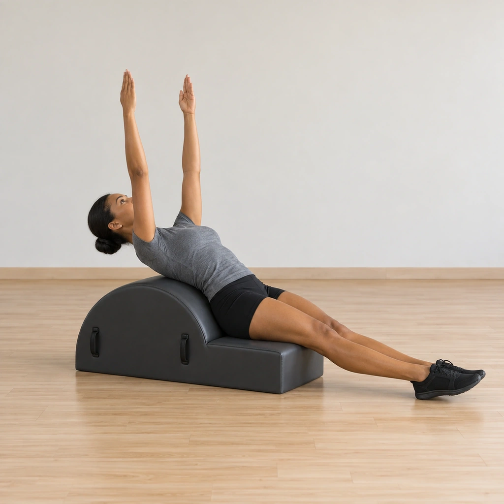 A woman reclines along the spine corrector arc facing away from it, pelvis anchored at the wedge edge and legs long together, her arms held long at shoulder height reaching toward the ceiling.