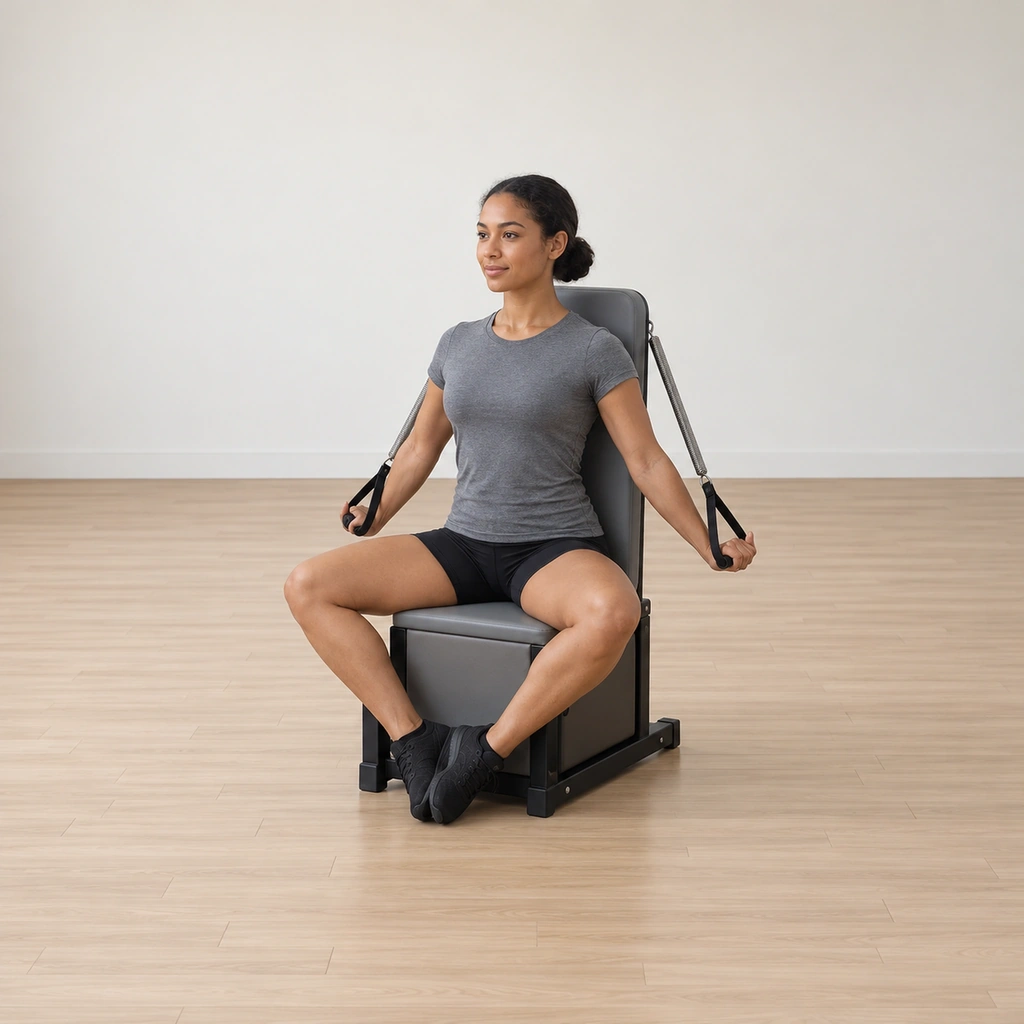 A woman sits in the arm chair with her back tall on the backrest, soles of her feet pressed together and knees wide, a spring handle in each hand resting at her sides.