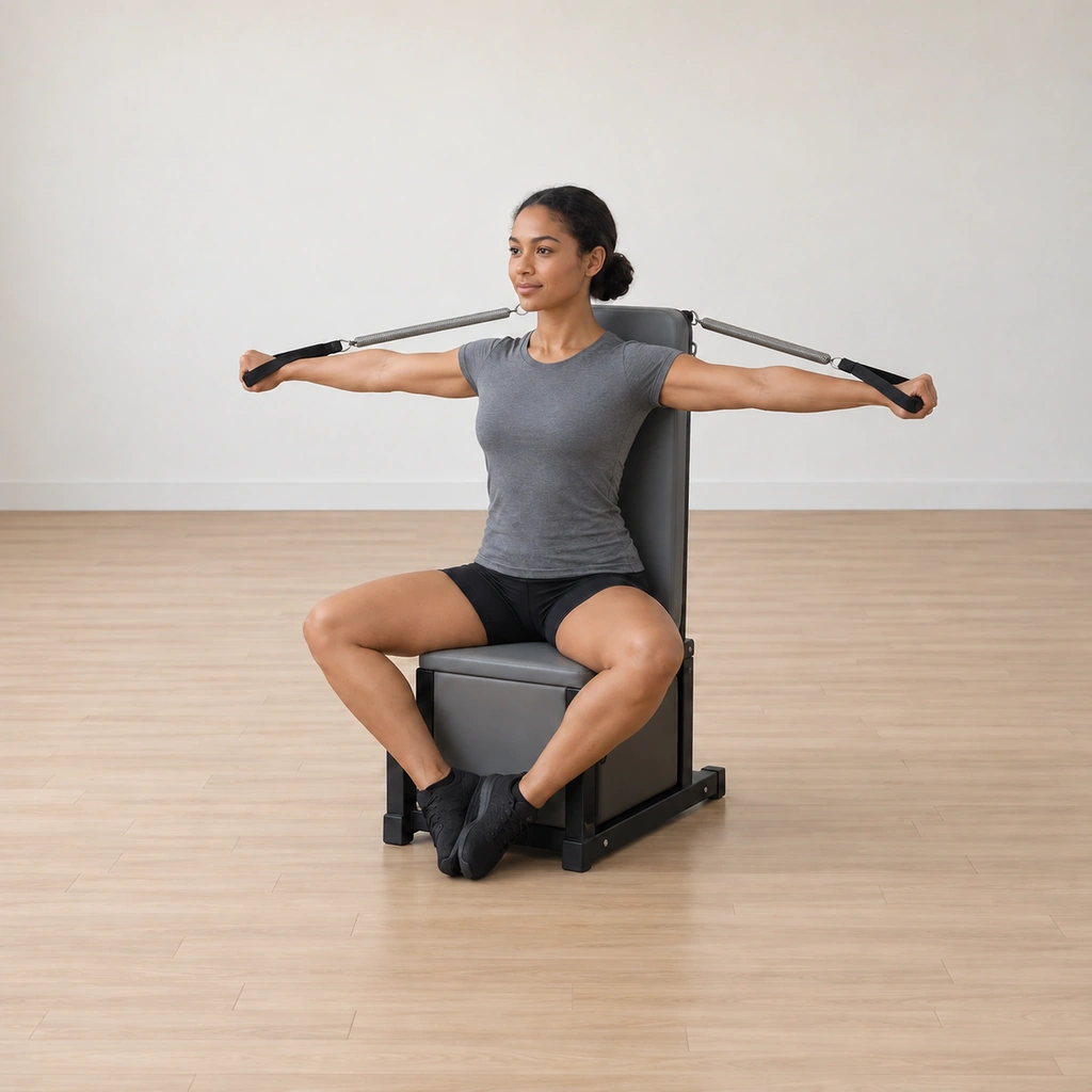 She reaches both arms out straight to the sides at shoulder height, palms pressing the handles, shoulders wide on the back.