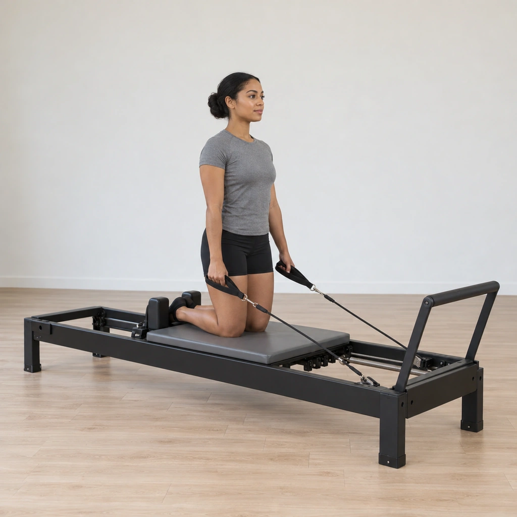 She kneels upright on the carriage facing the spring end, her feet hooked back into the shoulder blocks and her heels dug in, a strap handle in each hand held long by her sides, her hips over her knees and her shoulders over her hips.