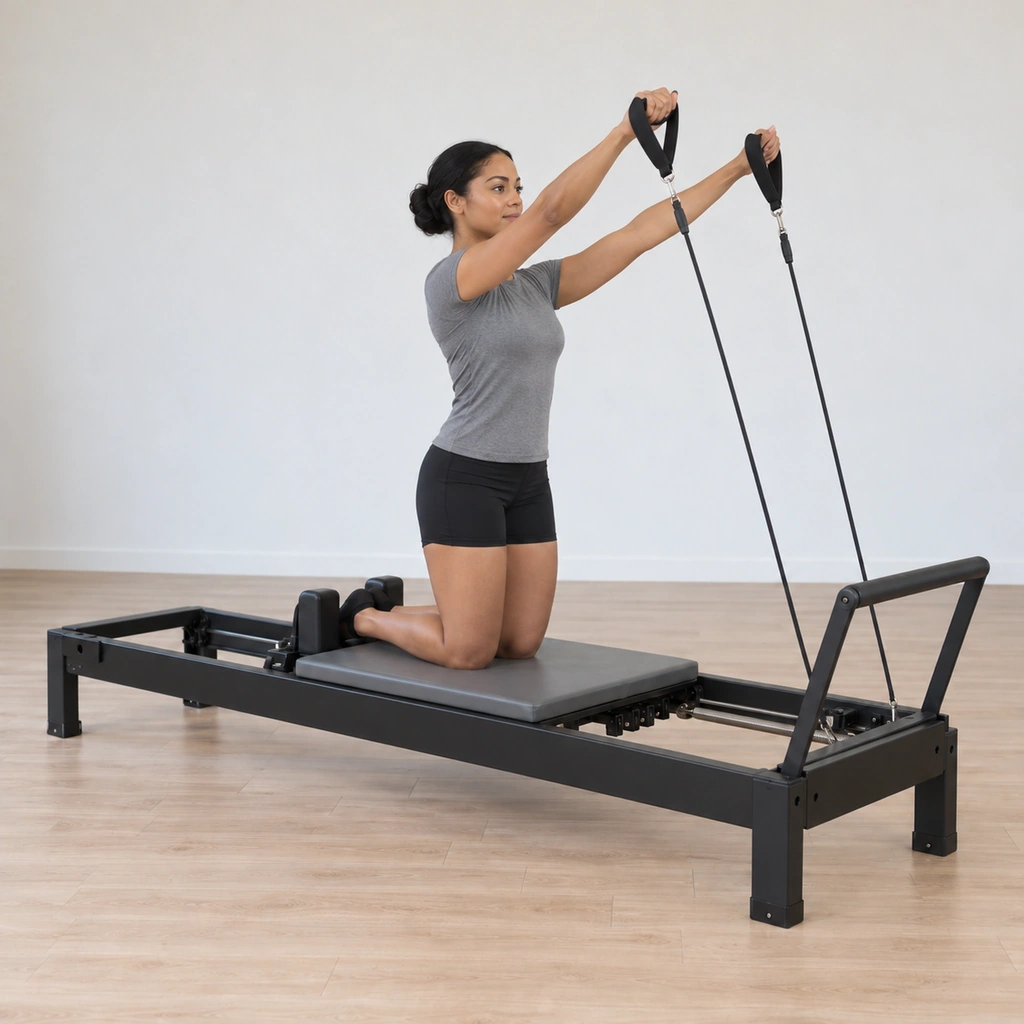 Her arms have pressed forward and up toward shoulder height in front of her, the strap lines drawing taut against the spring while her feet stay dug into the blocks and her legs hug toward each other.