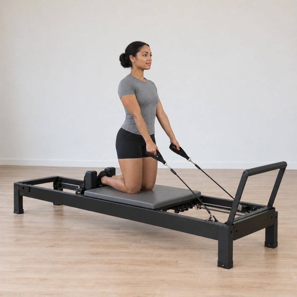 Her arms are completing the circle around and down in front of her body, the whole hand still connected to each handle, her carriage held steady by her legs.