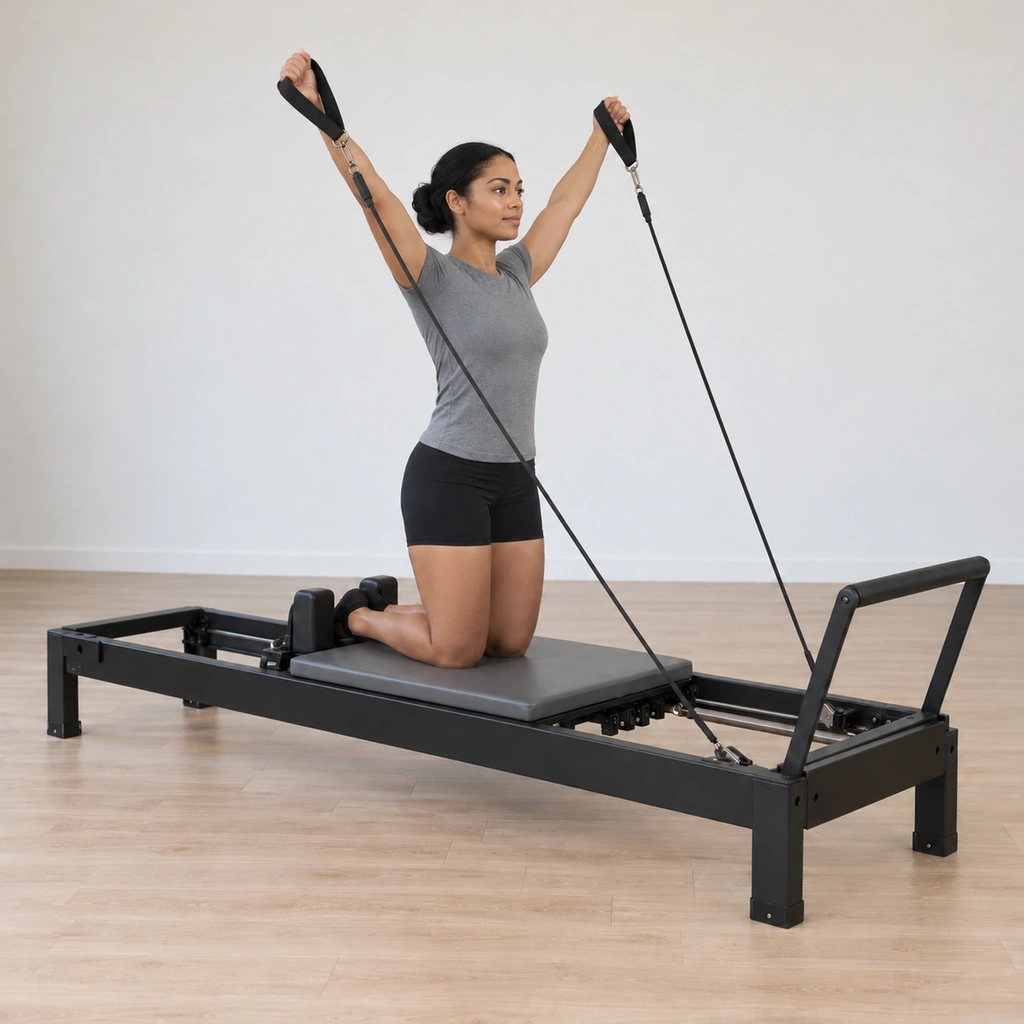 Her arms are circling in the reversed direction in front of her body, the handles still held with the whole hand, her kneeling base unchanged.
