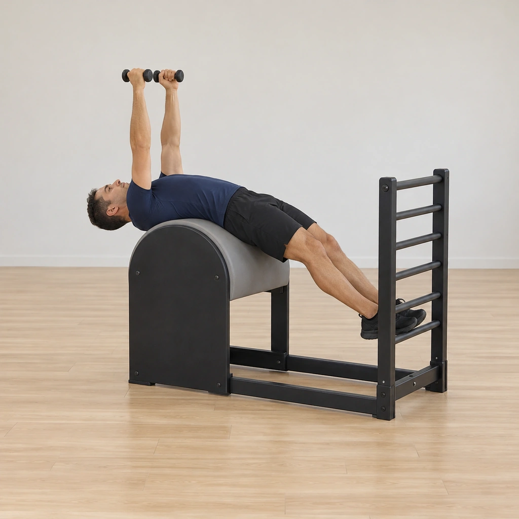 A man lies draped back over the ladder barrel apex, the arches of his feet on a lower rung, a small weight in each hand, his arms reaching straight to the ceiling palms facing in.