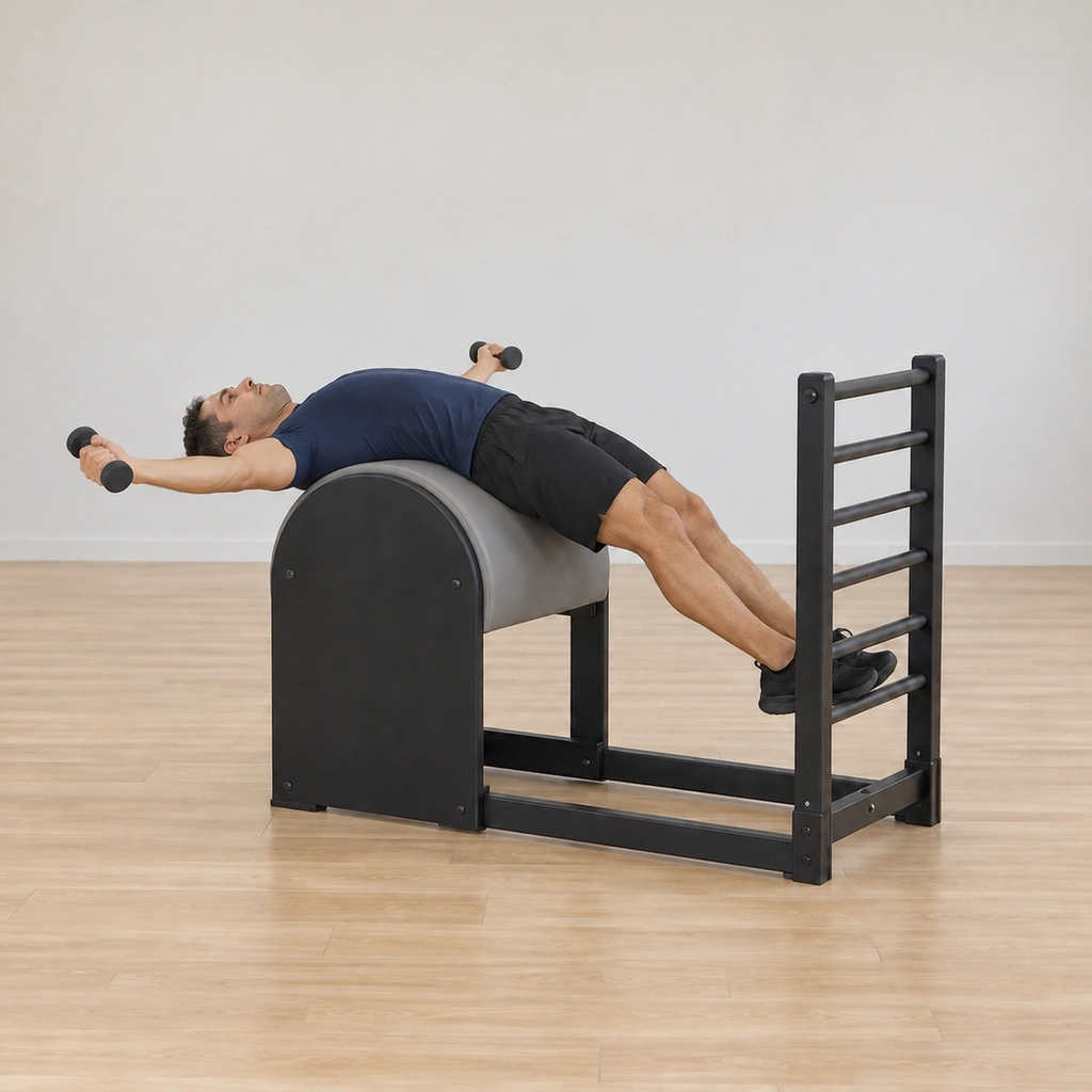 His arms have opened wide to the sides in line with the shoulders, the weights still in his hands, the draped support unchanged.