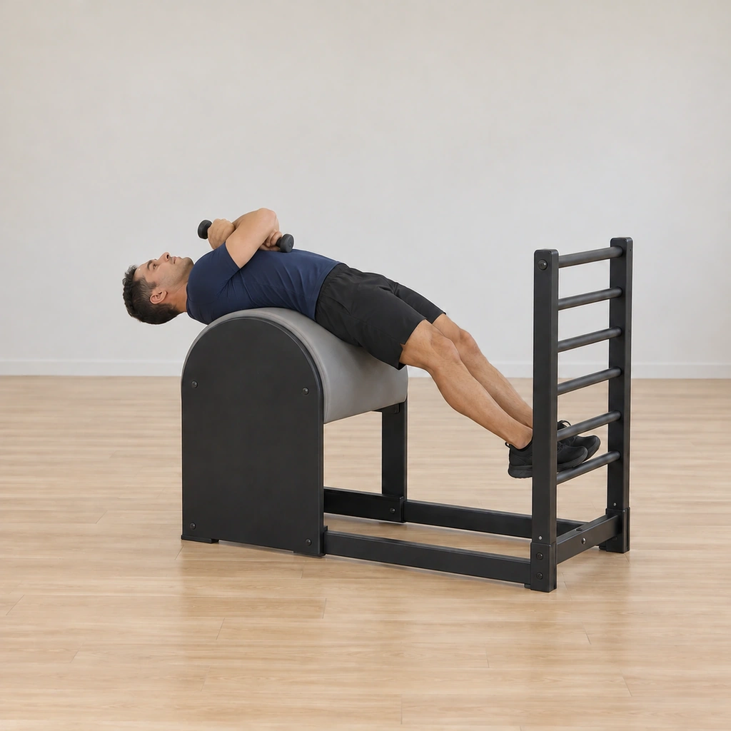 His arms are folded across his chest in a self-hug, the elbows drawn down, the weights in his hands at his shoulders, still draped over the barrel.