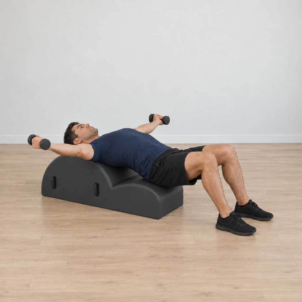 His arms open wide to the sides from the upper back, the weights travelling with the palms-facing hands, his head over the barrel.