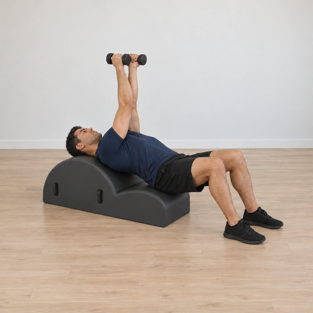 His straight arms close in front of his chest until the elbows cross and overlap, the weights in the palms-facing hands, his upper back on the barrel.