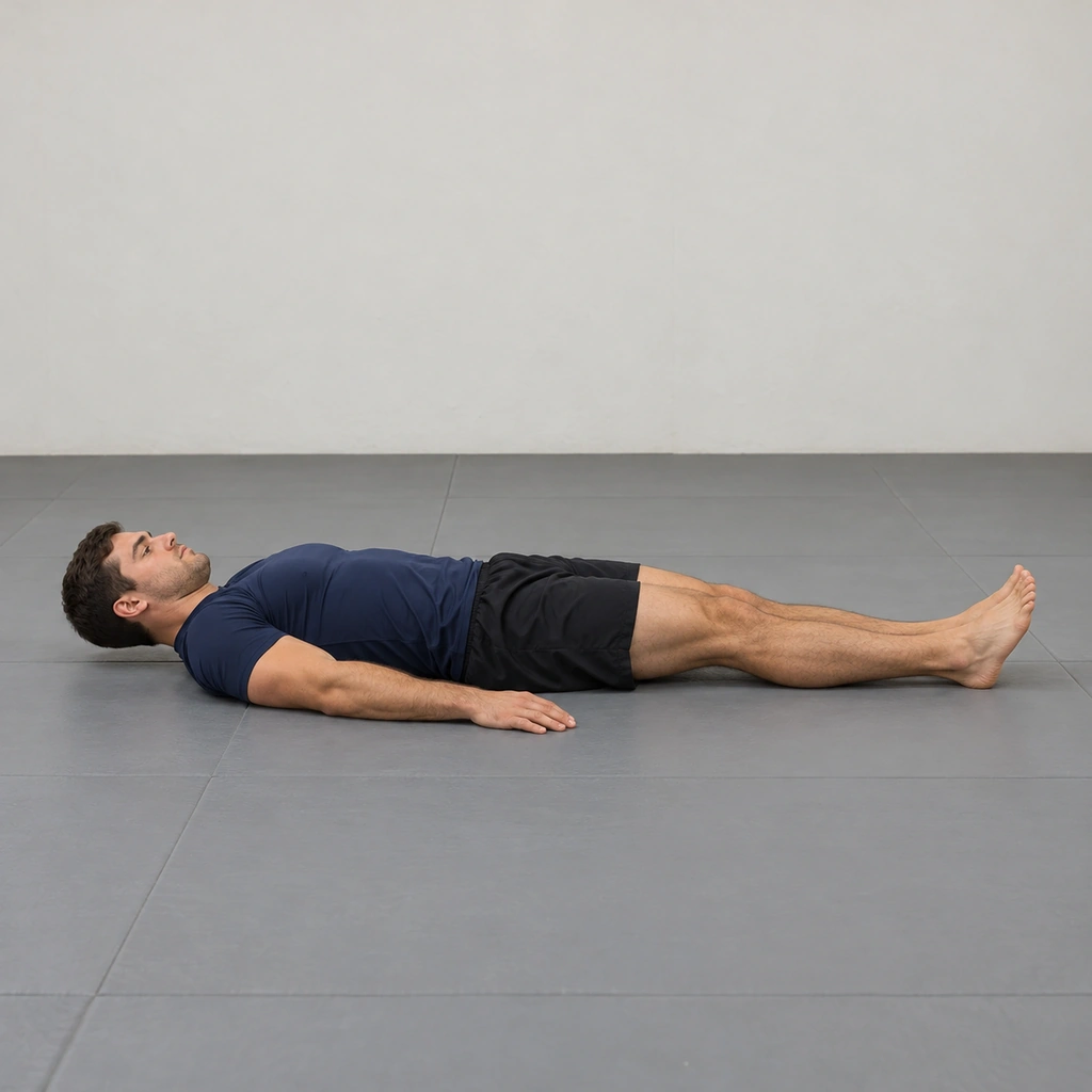 A man lying supine on a mat with legs extended and knees pinched together, heels light on the mat, preparing the armbar-finish thrust.