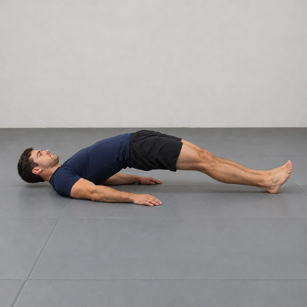 A man mid armbar-finish hip thrust, hips driven up and shifted toward his feet, knees still pinched, shoulders grounded on the mat.