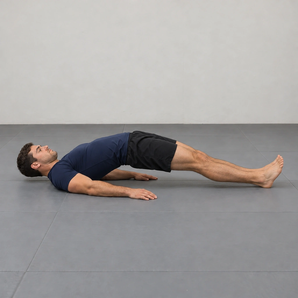 A man holding the top of the armbar-finish hip thrust, hips at their highest shifted toward the feet, knees pinched, shoulders grounded.