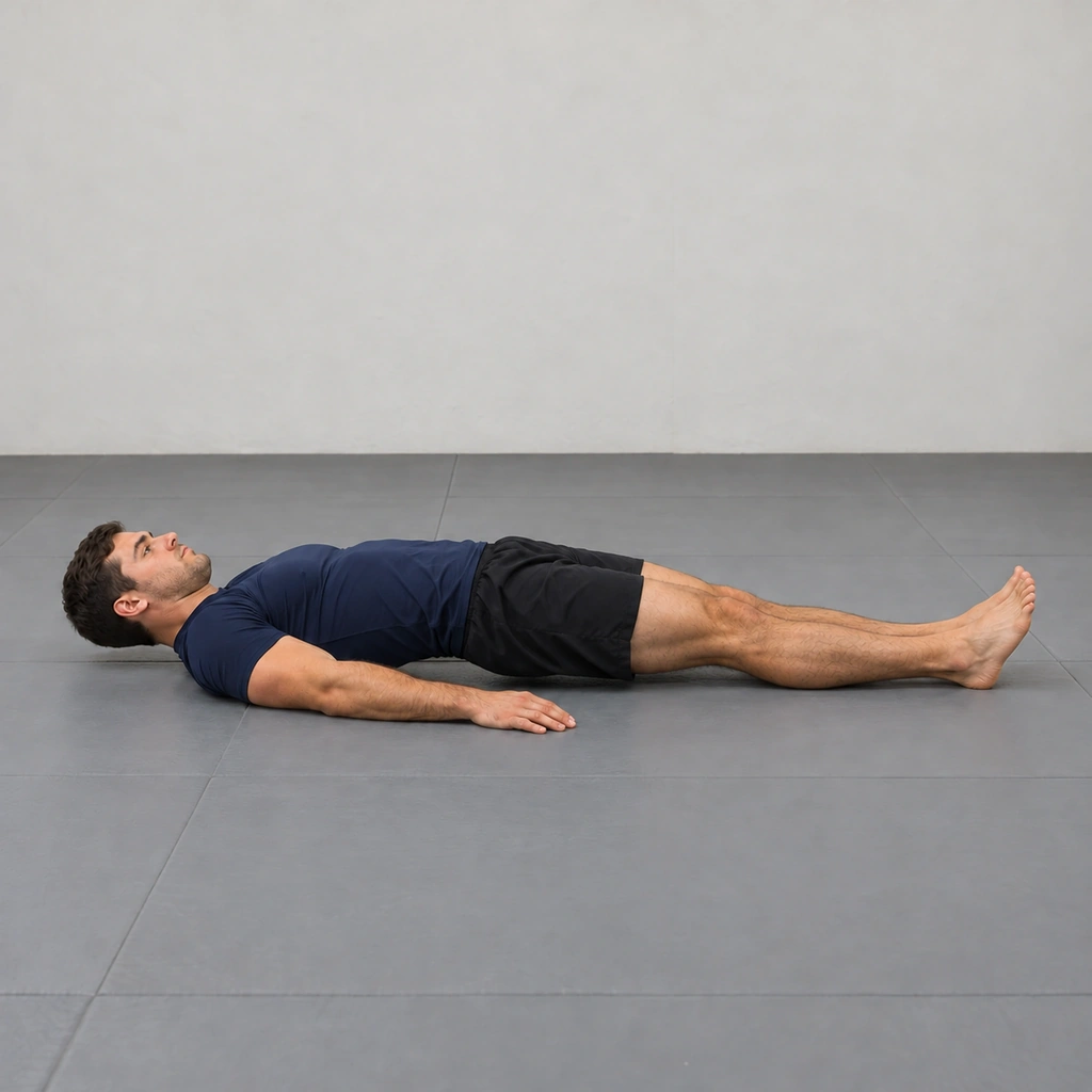 A man lowering his hips back toward the mat under control after the armbar-finish hold, knees still pinched, legs still extended.