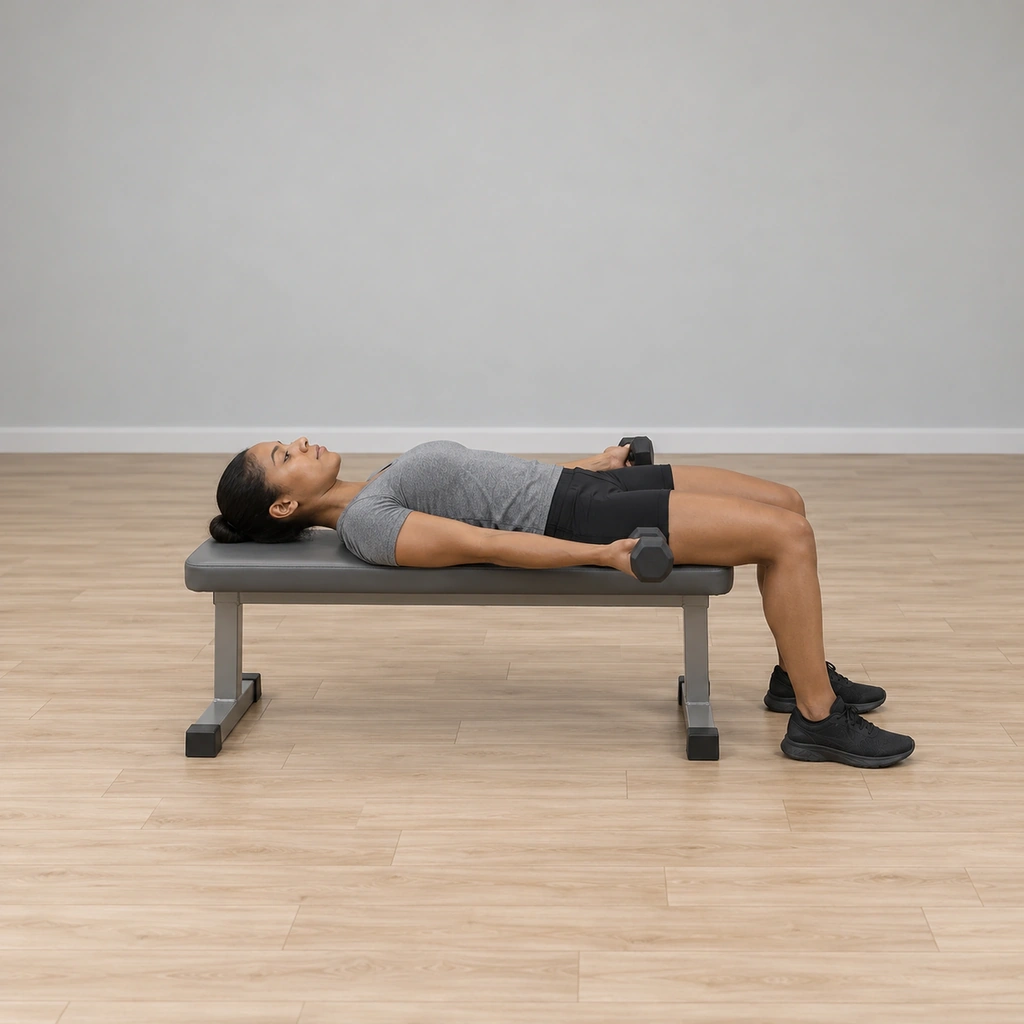 She lies flat on the bench, a dumbbell in each hand resting beside her thighs, palms facing up, her arms parallel to the floor with the elbows slightly bent.