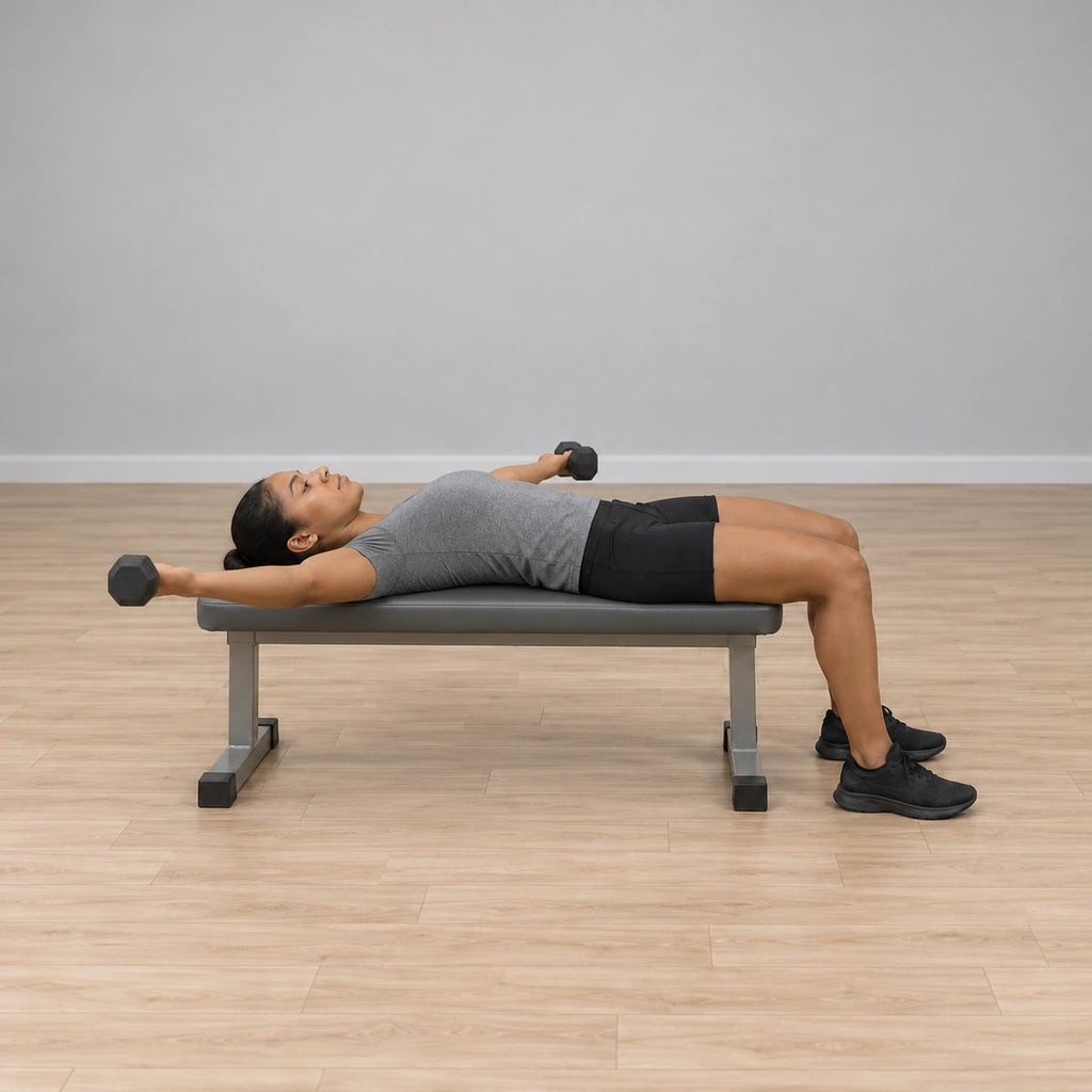 She is mid-sweep, both dumbbells traveling in a wide semicircle out and up, her arms held parallel to the floor with the elbows slightly bent, the weights level with the bench.