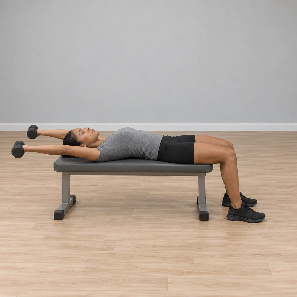 Her dumbbells have arrived over her head at the end of the semicircle, arms still parallel to the floor, elbows slightly bent, palms still facing up.