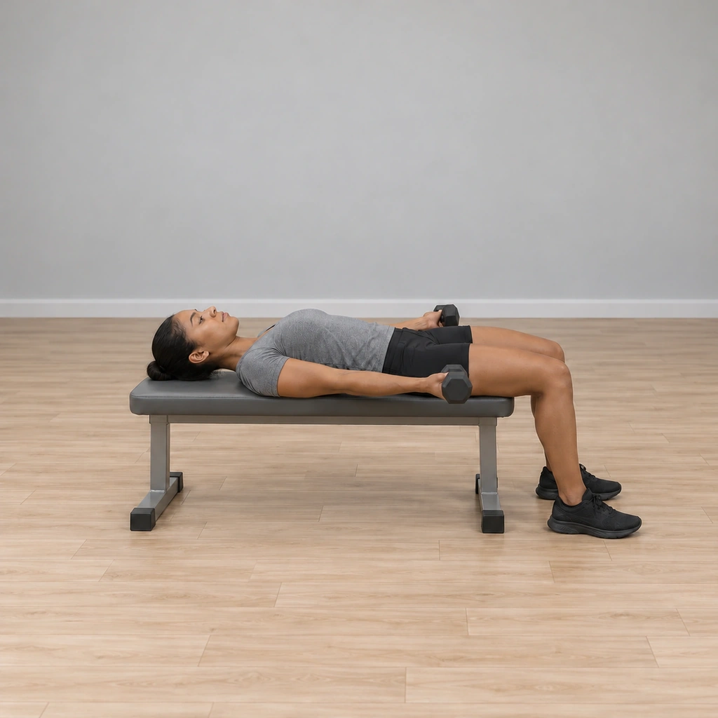 She is reversing the sweep, both dumbbells traveling back down the wide arc toward her thighs, arms parallel to the floor, elbows slightly bent.