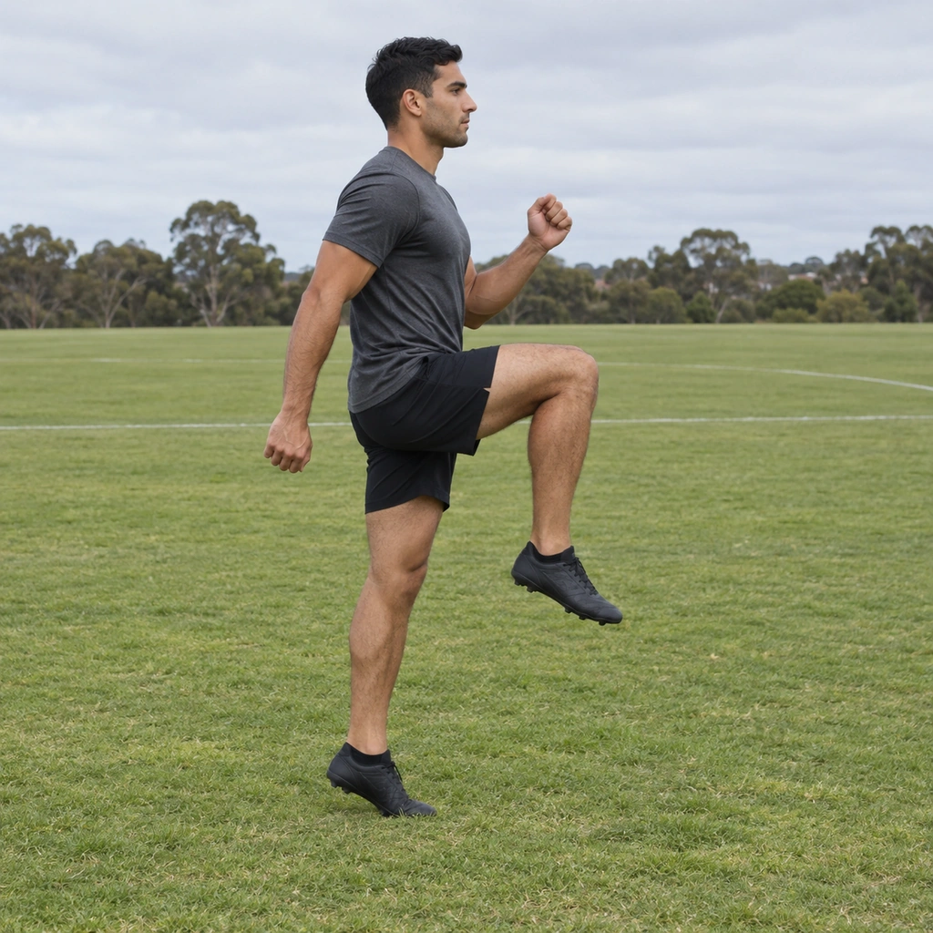 A man travelling forward on grass with his left knee driven up to hip height and his right heel lifted.