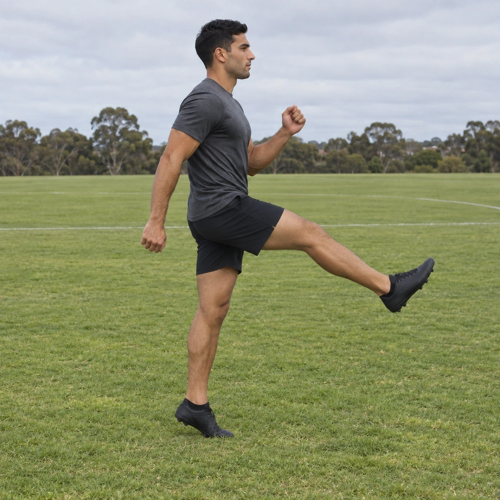 The same man with his left leg extended out in front of him, the knee nearly straight and the foot clear of the grass.