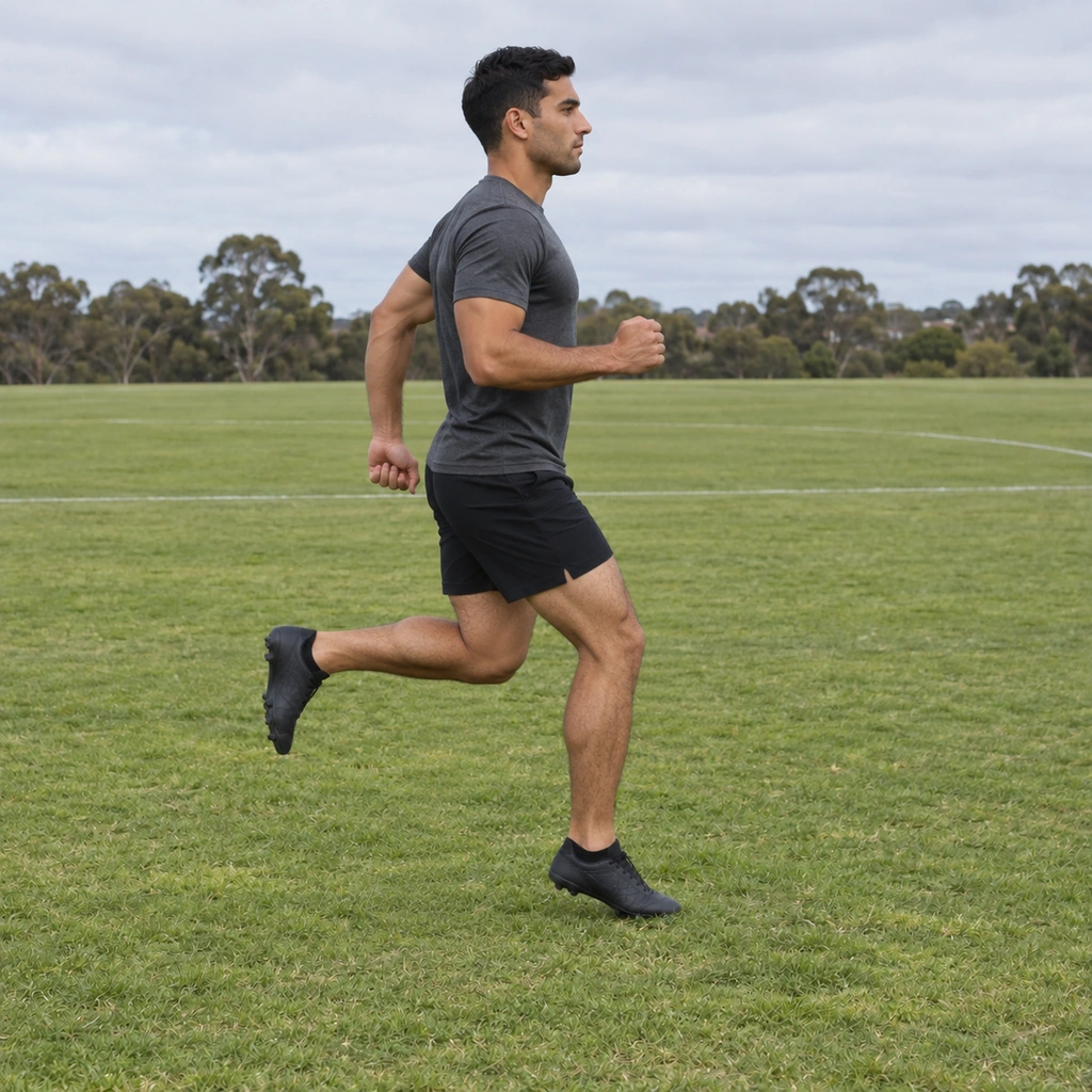 The same man with his left foot just striking the grass beneath his hips, knee bent, right foot trailing clear of the ground.