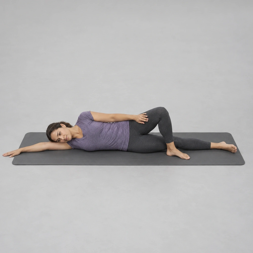 A woman lying relaxed on her right side on a mat, her right arm stretched out on the floor past her head, her left knee bent with the foot flat in front, her left hand resting on the bent thigh.
