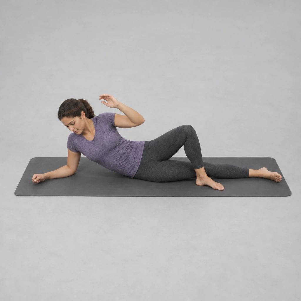 The same woman rolled partway forward off side-lying, propped on her right forearm with the elbow under the shoulder, her right shoulder shrugged up toward her ear and her left hand held up in the air.