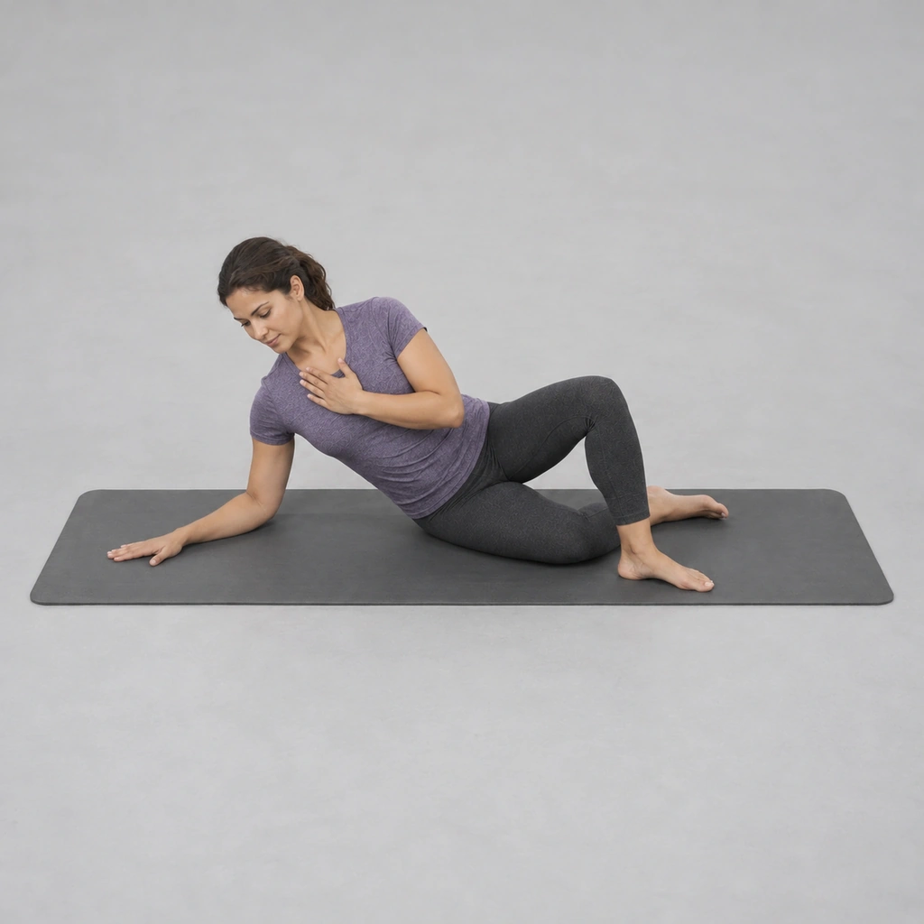 The same woman propped in a high oblique sit: torso lifted diagonally off the floor on her right forearm, the right knee bearing weight on the mat, the left foot planted ahead and the left hand reached across the front of her chest.