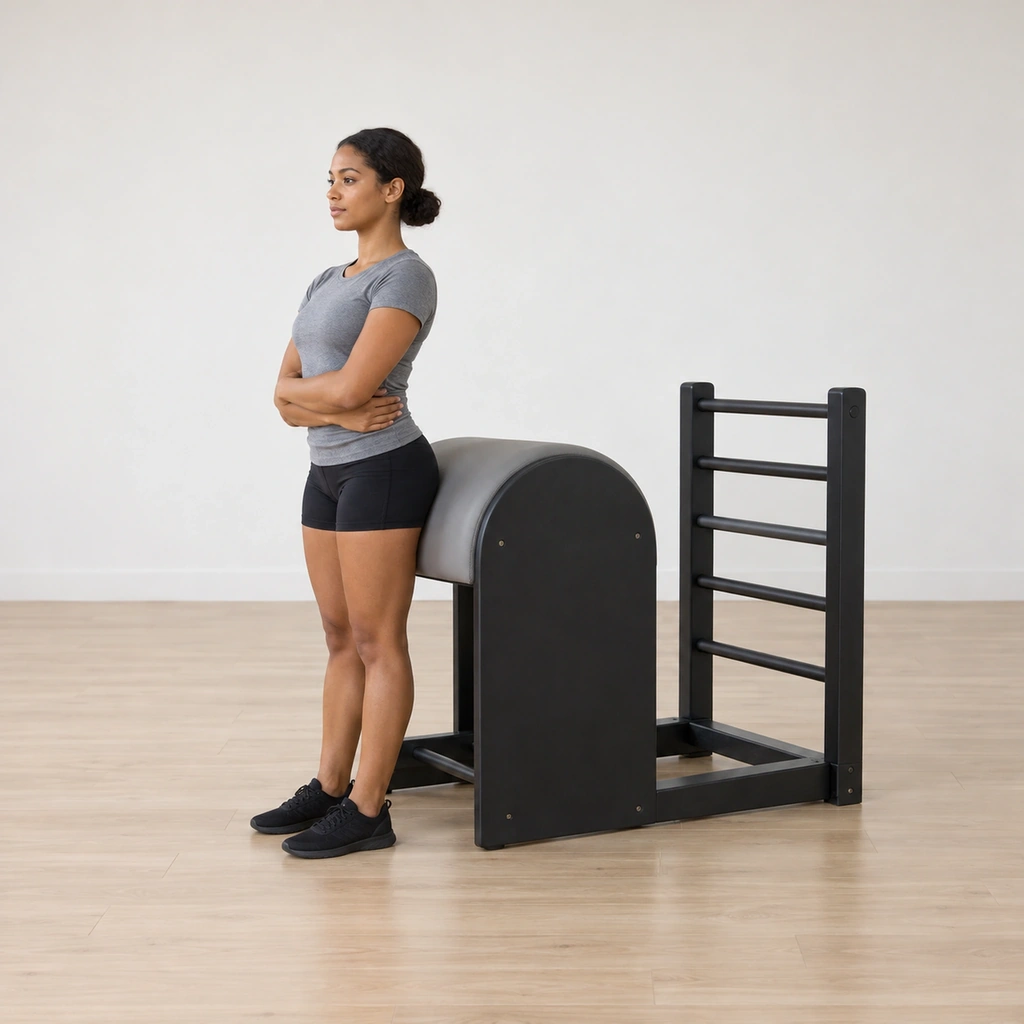 A woman stands with her back to the ladder barrel, hips against the barrel, arms wrapped around her waist.
