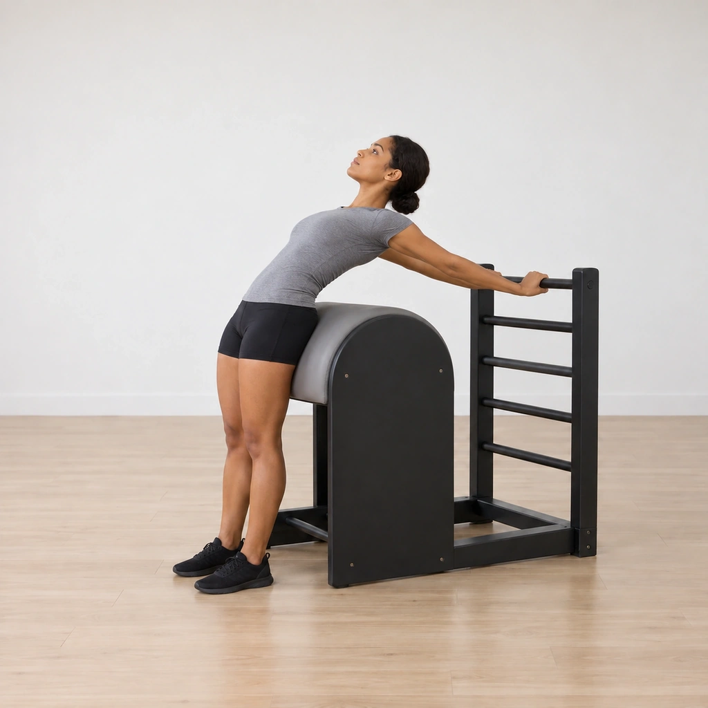 She holds the top rung and pulls, the arms connecting to the back as the body extends over the barrel.