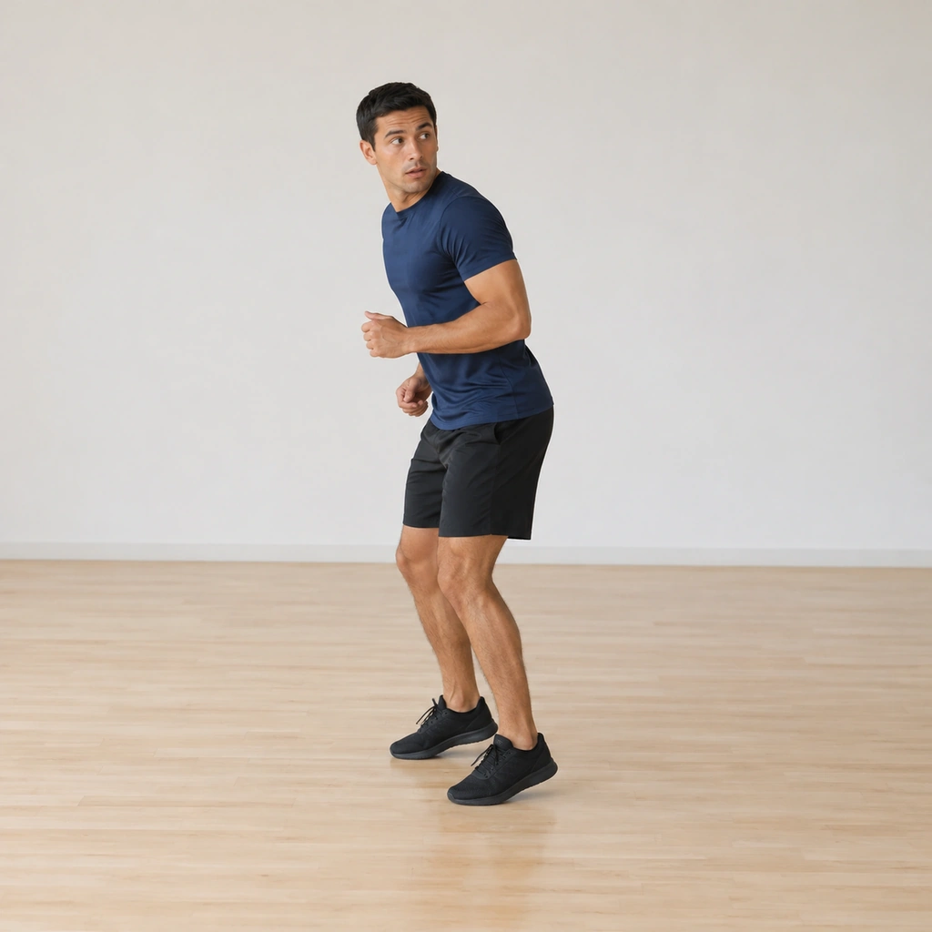 He stands tall with the track behind him, weight slightly forward onto the forefeet, ready to run backward.