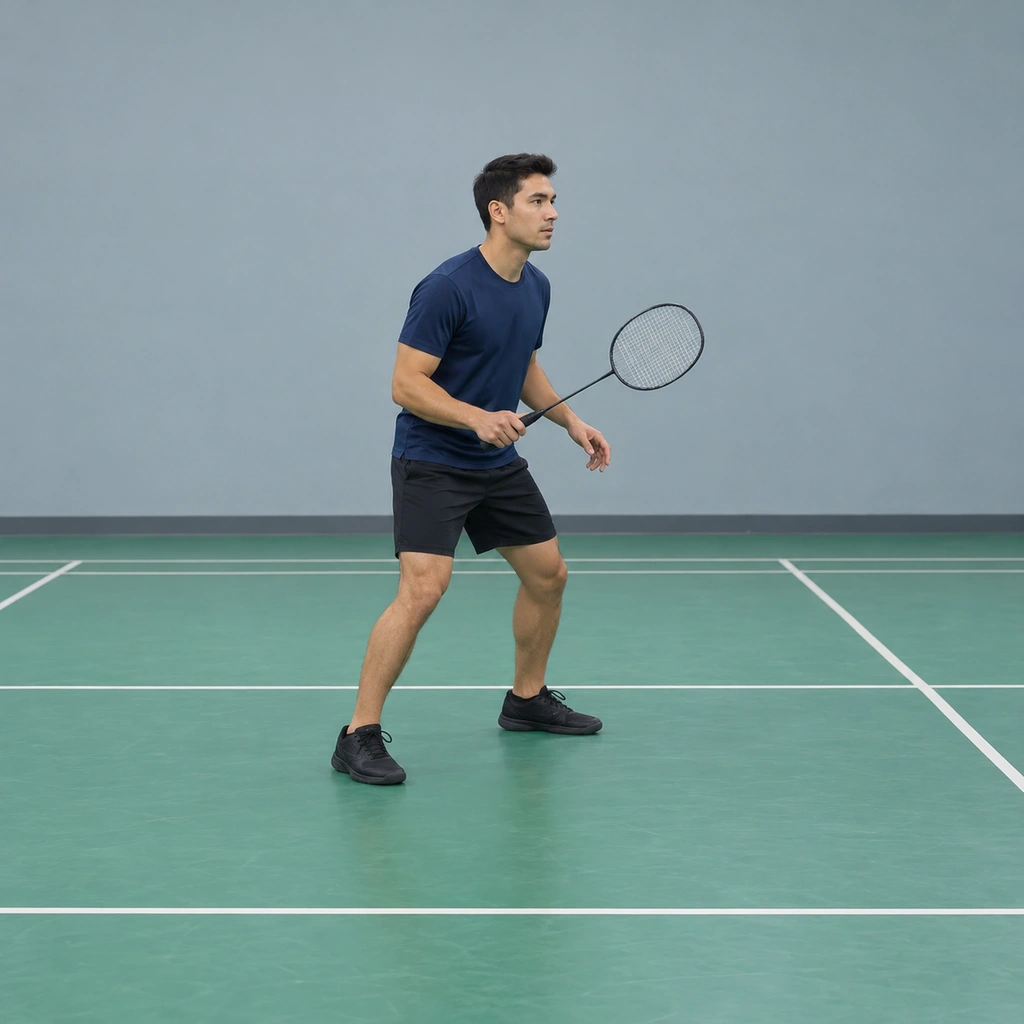A man standing side-on on a court floor beside a painted line, knees softly bent, a racket carried in front of his body and his weight balanced.