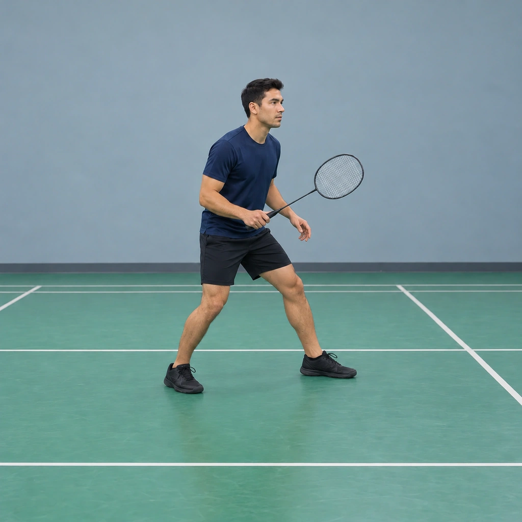 A man with his lead foot stepping out along the painted line, the back foot still planted, his head staying level and the racket steady.