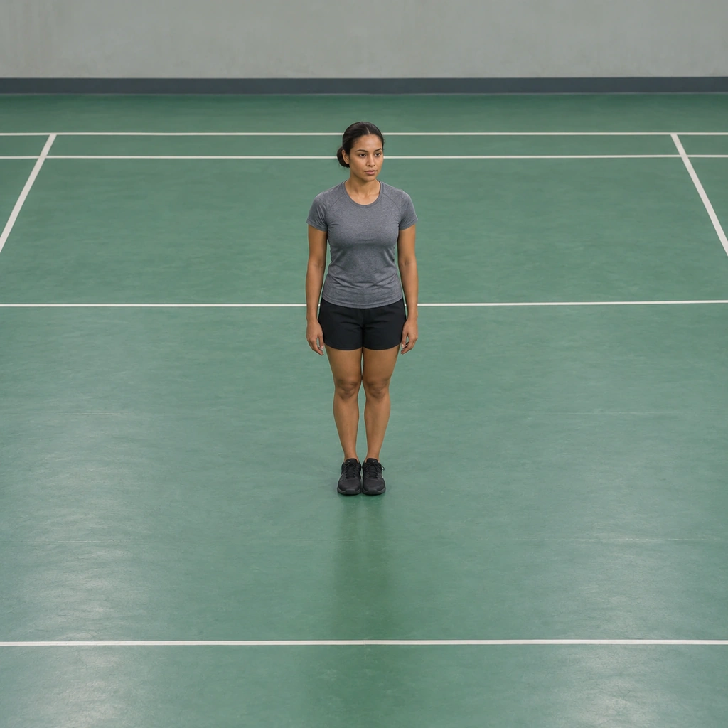 A woman standing at the centre of an imaginary clock face on a court floor, feet together, body upright and facing forward, arms relaxed.