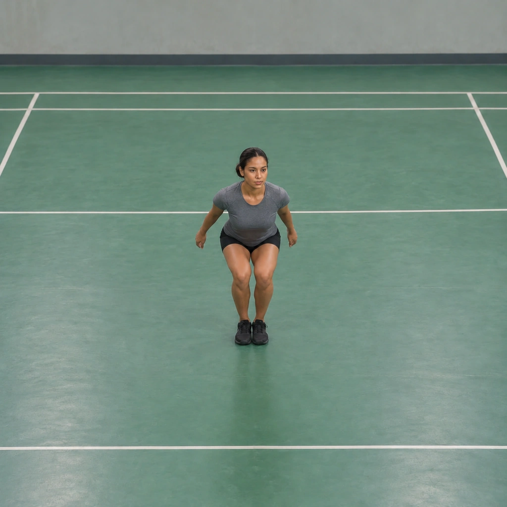 A woman dropped into a squat at the centre of the clock, knees bent, hips back, arms swinging slightly back, loading for the jump.