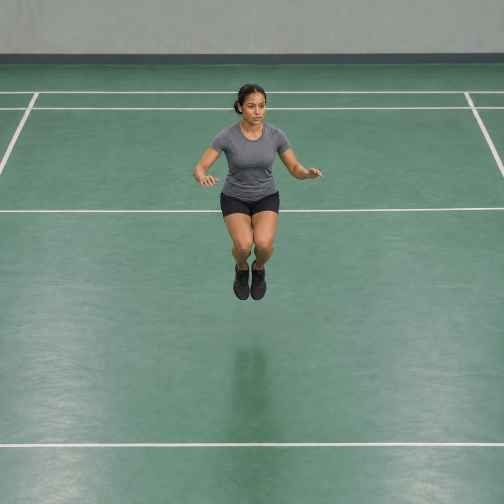 A woman airborne again in the return jump, travelling back toward the centre of the clock face, knees slightly tucked, arms forward, facing forward.